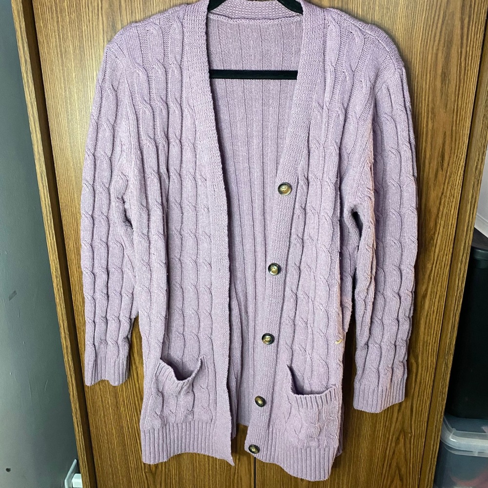 Cable Knit Cardigan Women‎ L Purple Button Front Longline Sweater Pockets
